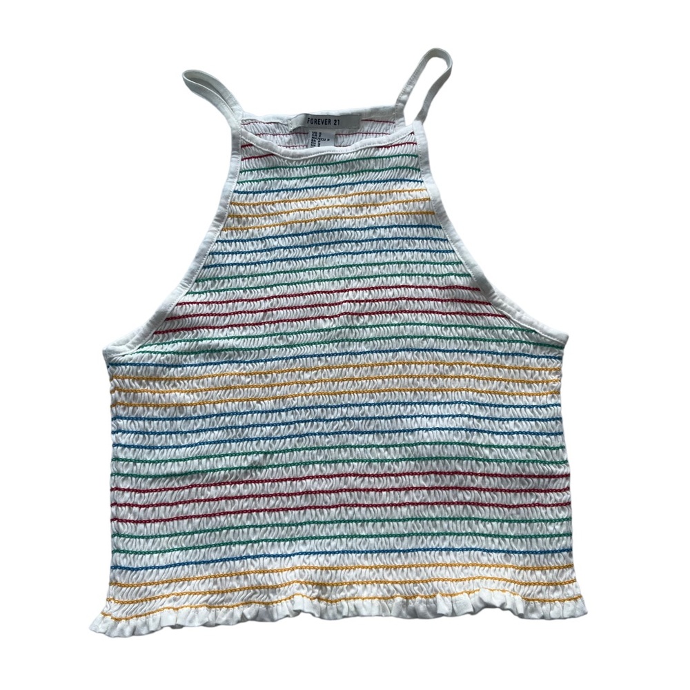 Forever 21 Womens Sz Small White & Rainbow Smocked Raglan Neckline Crop Tank Top